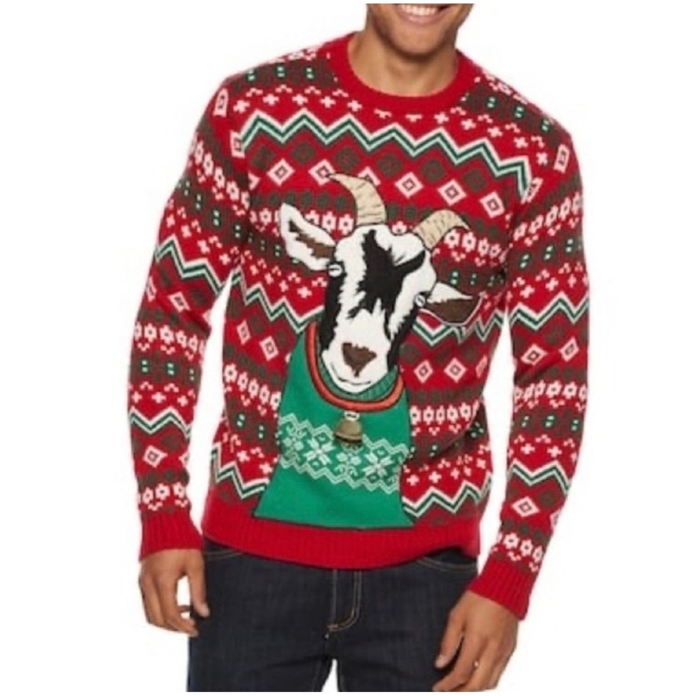 33 Degrees Christmas Goat Cowbell Ugly Christmas Sweater Red Green Fair Isle XL